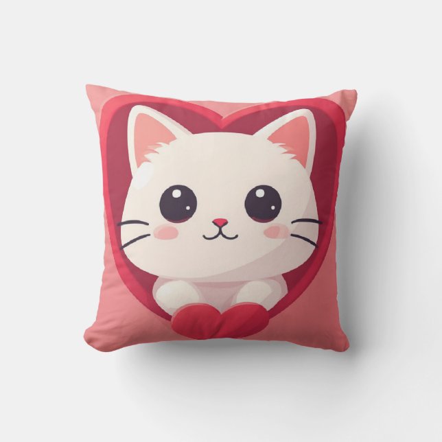 Schattige Witte Kat met Hart Kawaii Kitty Liefdeso Kussen (Voorkant)