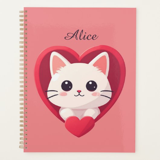Schattige Witte Kat met Hart Kawaii Kitty Liefdeso Planner (Voorkant)
