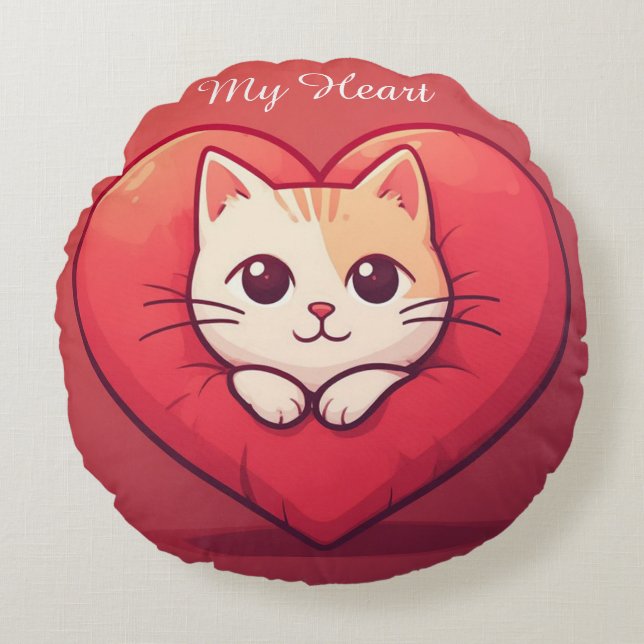 Schattige Witte Kat met Hart Kawaii Kitty Liefdeso Rond Kussen (Voorkant)