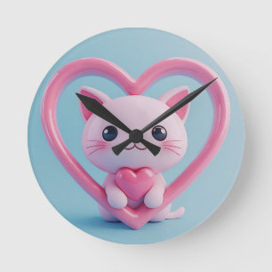 Schattige Witte Kat met Hart Kawaii Kitty Liefdeso Ronde Klok