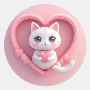 Schattige Witte Kat met Hart Kawaii Kitty Liefdeso Ronde Sticker