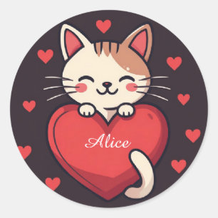 Schattige Witte Kat met Hart Kawaii Kitty Liefdeso Ronde Sticker