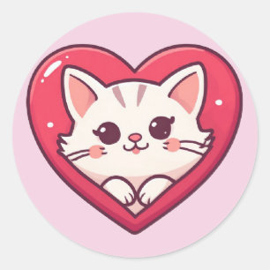Schattige Witte Kat met Hart Kawaii Kitty Liefdeso Ronde Sticker