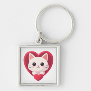 Schattige Witte Kat met Hart Kawaii Kitty Liefdeso Sleutelhanger