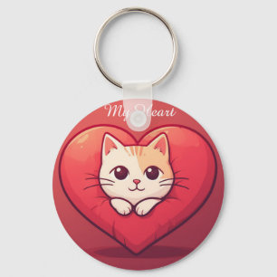 Schattige Witte Kat met Hart Kawaii Kitty Liefdeso Sleutelhanger