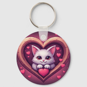 Schattige Witte Kat met Hart Kawaii Kitty Liefdeso Sleutelhanger