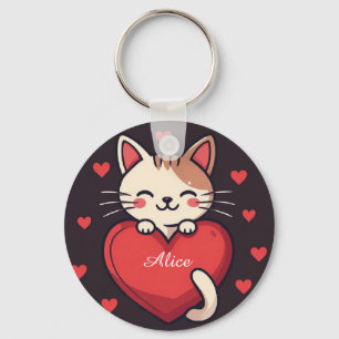 Schattige Witte Kat met Hart Kawaii Kitty Liefdeso Sleutelhanger
