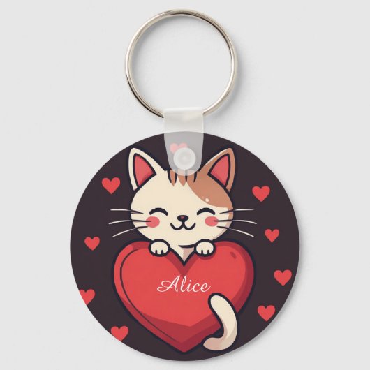 Schattige Witte Kat met Hart Kawaii Kitty Liefdeso Sleutelhanger (Voorkant)