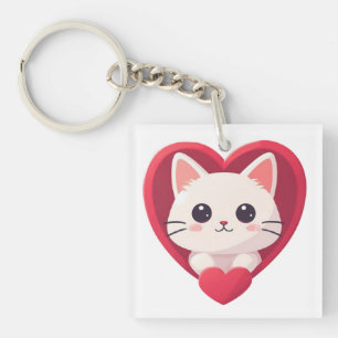 Schattige Witte Kat met Hart Kawaii Kitty Liefdeso Sleutelhanger