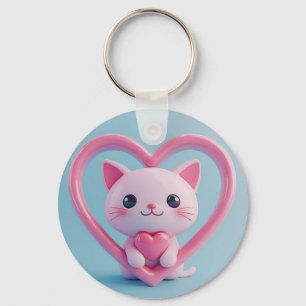 Schattige Witte Kat met Hart Kawaii Kitty Liefdeso Sleutelhanger