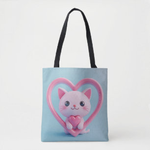 Schattige Witte Kat met Hart Kawaii Kitty Liefdeso Tote Bag