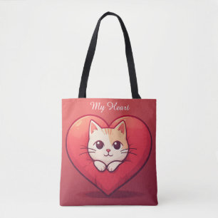 Schattige Witte Kat met Hart Kawaii Kitty Liefdeso Tote Bag