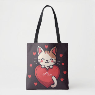 Schattige Witte Kat met Hart Kawaii Kitty Liefdeso Tote Bag