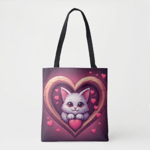 Schattige Witte Kat met Hart Kawaii Kitty Liefdeso Tote Bag