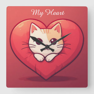 Schattige Witte Kat met Hart Kawaii Kitty Liefdeso Vierkante Klok