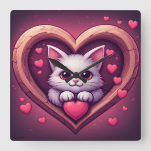 Schattige Witte Kat met Hart Kawaii Kitty Liefdeso Vierkante Klok