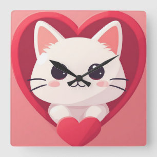 Schattige Witte Kat met Hart Kawaii Kitty Liefdeso Vierkante Klok