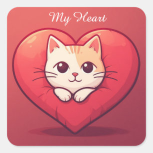 Schattige Witte Kat met Hart Kawaii Kitty Liefdeso Vierkante Sticker