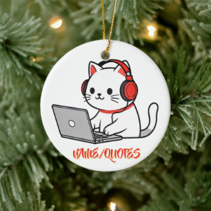 Schattige witte kat met rode koptelefoon laptop keramisch ornament