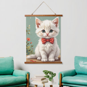 Schattige witte kat met vlinderdas hangend wandkleed