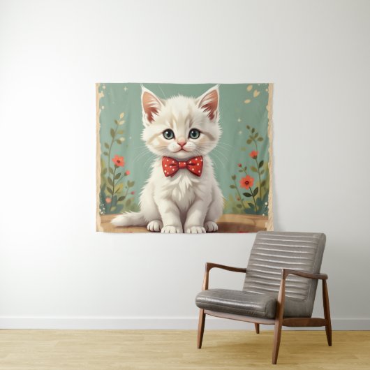 Schattige witte kat met vlinderdas wandkleed (In Situ (horizontaal))