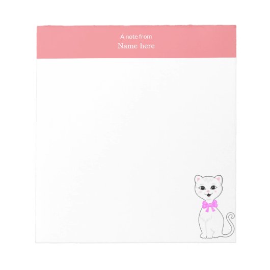 Schattige Witte Kat & Roze Header Eenvoudig Notitieblok (Voorkant)