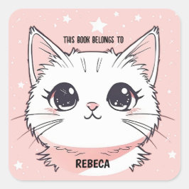 Schattige Witte Kat Roze Sterren Vierkante Sticker