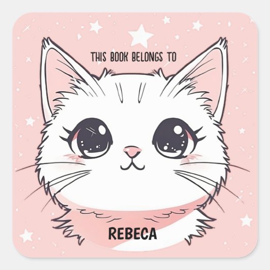 Schattige Witte Kat Roze Sterren Vierkante Sticker (Voorkant)