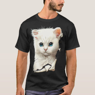 Schattige witte kat scheurde stof t-shirt