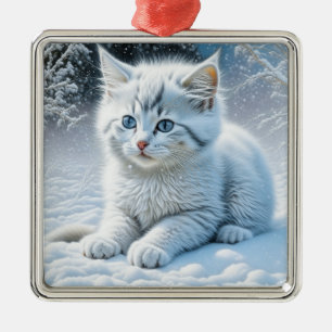 Schattige Witte Kat Speelt in de Sneeuw Kerstmis Metalen Ornament