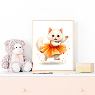 Schattige witte kattenballerina in oranje tutu poster