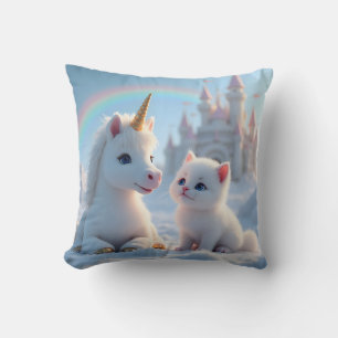 Schattige Witte Kitten en Baby Eenhoorn Kussen