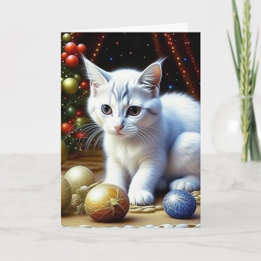 Schattige witte kitten gepersonaliseerde kerst feestdagen kaart (Voorkant)