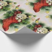 Schattige witte kitten in een rode kous satijnen b cadeaupapier (Hoek)