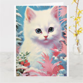 Schattige Witte Kitten Kerst Kaart – Perfect (Gele Bloem)