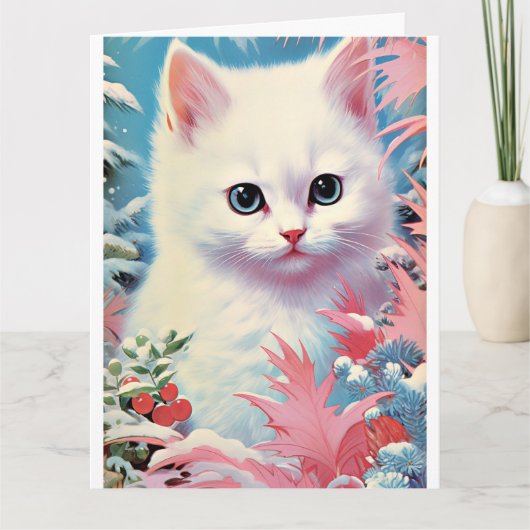 Schattige Witte Kitten Kerst Kaart – Perfect (Voorkant)