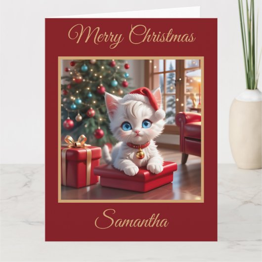 Schattige witte kitten met kerstcadeau kaart (Voorkant)
