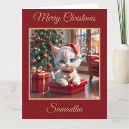 Schattige witte kitten met kerstcadeau kaart