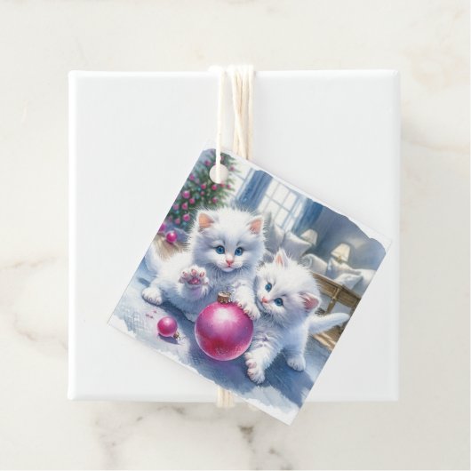Schattige Witte Kittens Roze Kerst Bedankjes Labels (In situ)
