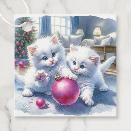 Schattige Witte Kittens Roze Kerst Bedankjes Labels (Voorkant)