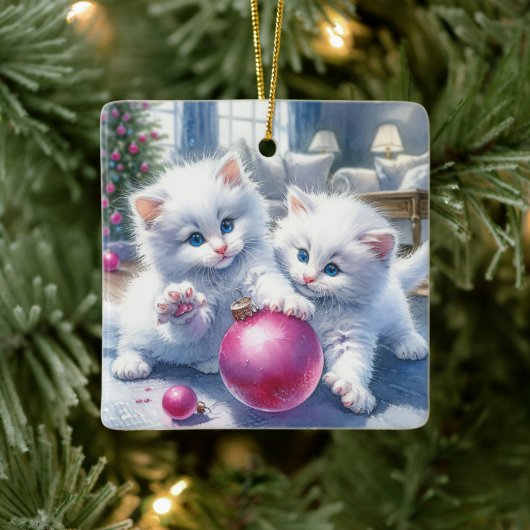 Schattige Witte Kittens Roze Kerst Gepersonaliseer Keramisch Ornament (Boom)