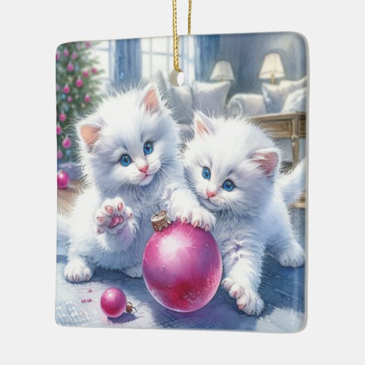 Schattige Witte Kittens Roze Kerst Gepersonaliseer Keramisch Ornament (Links)