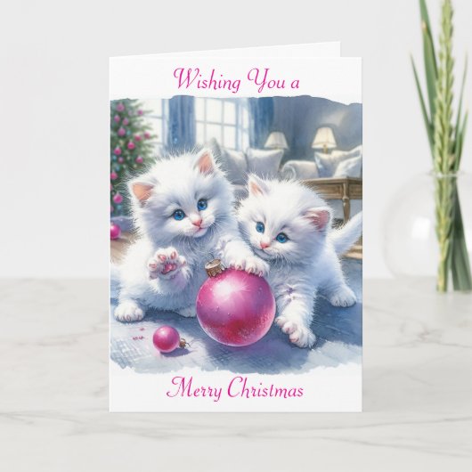 Schattige Witte Kittens Roze Kerst Kaart (Voorkant)
