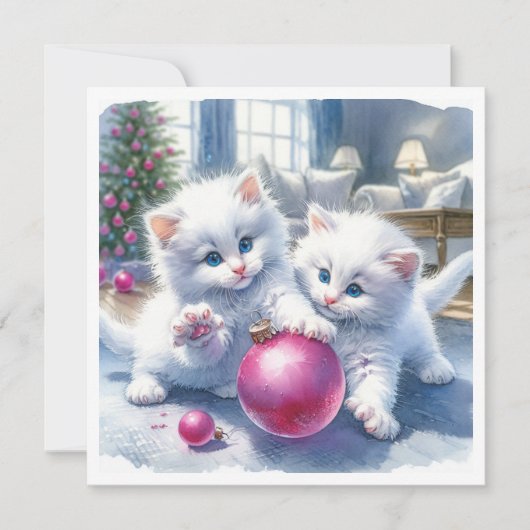 Schattige Witte Kittens Roze Kerst Kaart (Voorkant)