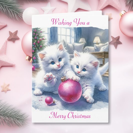 Schattige Witte Kittens Roze Kerst Kaart