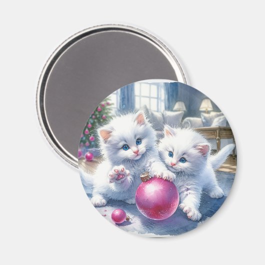 Schattige Witte Kittens Roze Kerst Magneet (Voorkant / Achterkant)
