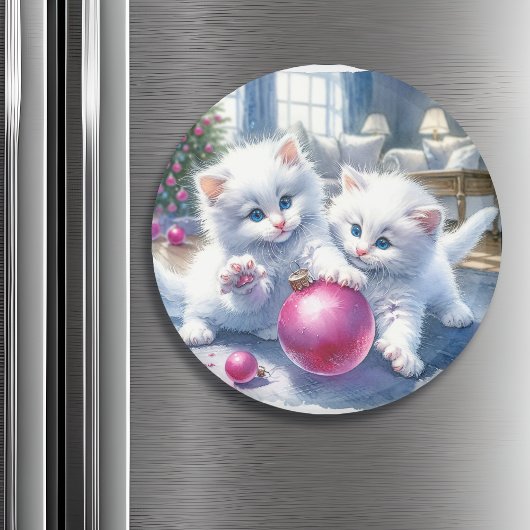 Schattige Witte Kittens Roze Kerst Magneet