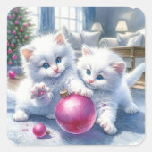 Schattige Witte Kittens Roze Kerst Vierkante Sticker (Voorkant)