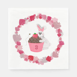 Schattige Witte Konijn & Aardbei Cupcake Meisjes Servet