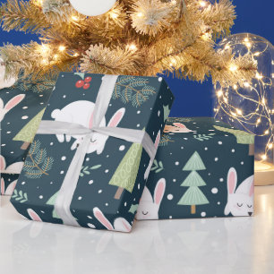 Schattige Witte Konijn Bos Thema Kerstmis Cadeaupapier